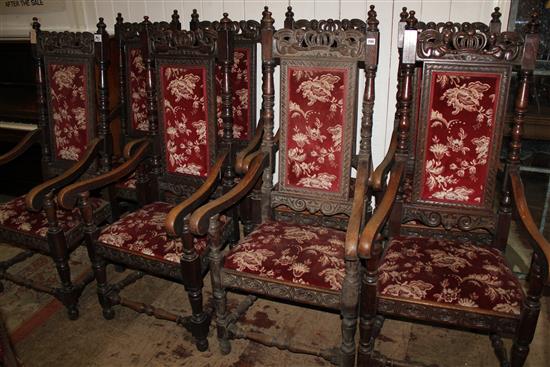 Set 8 Carolean style oak elbow chairs
